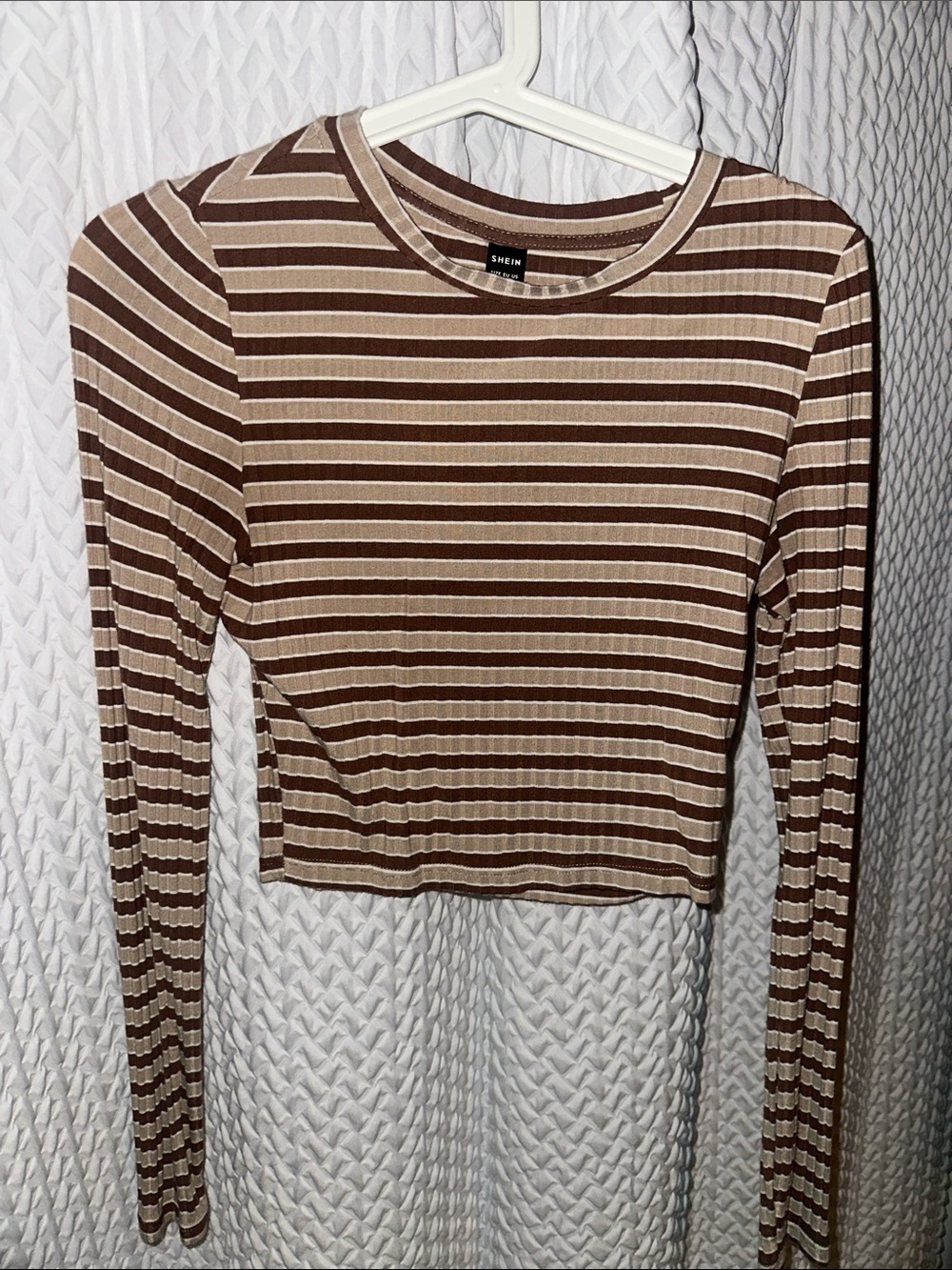 SHEIN Brown & Cream Ribbed Striped Long Sleeve Crop Top